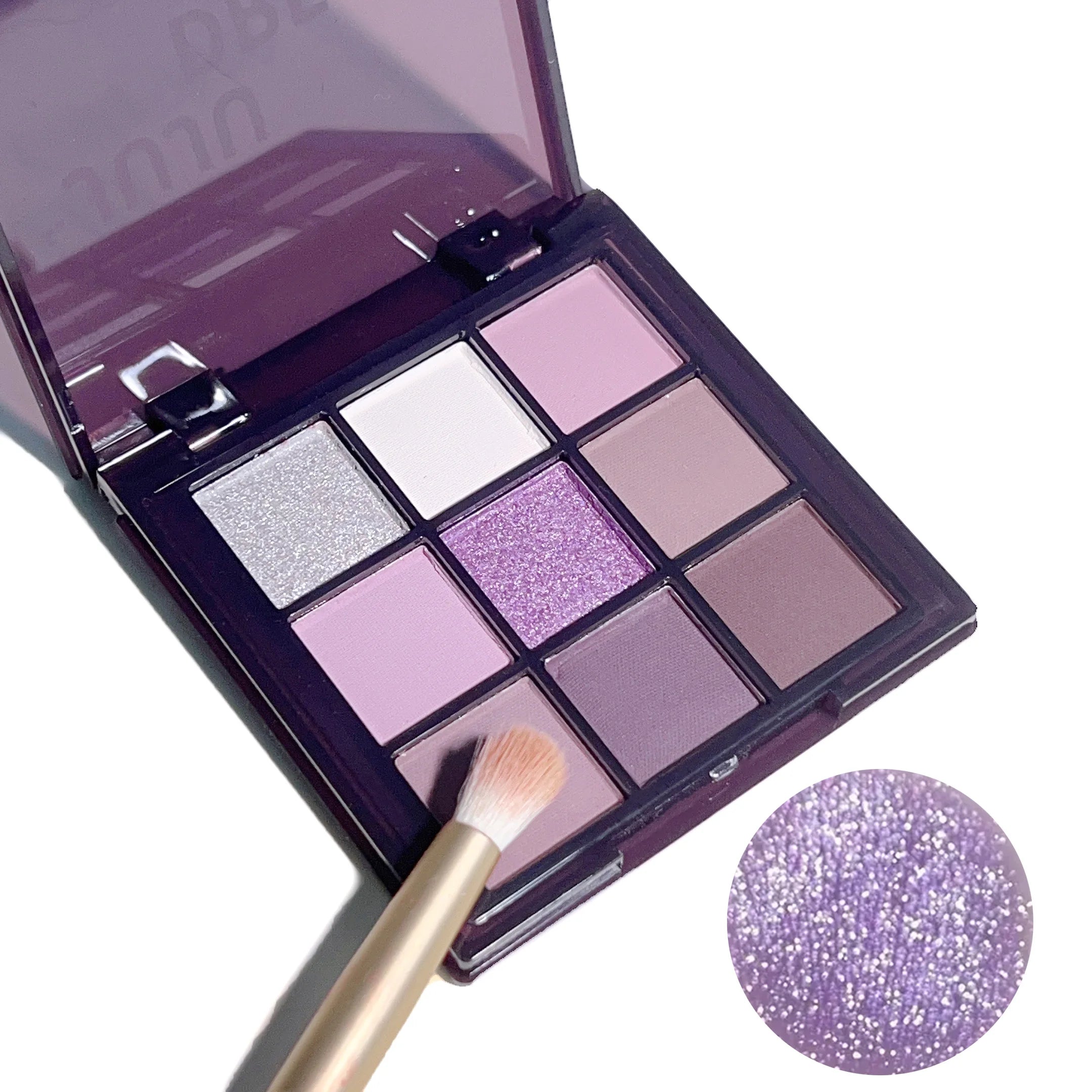 Eyeshadow palette, nine shades of smoky, matte, pearlescent, fine dark purple glitter, affordable makeup